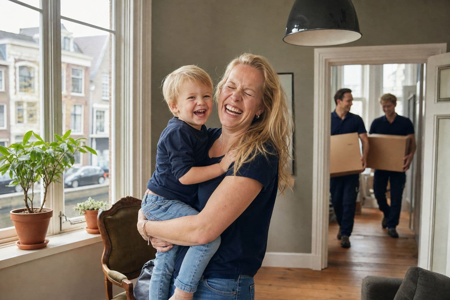 Moeder met peuter in de woonkamer van hun nieuwe huis